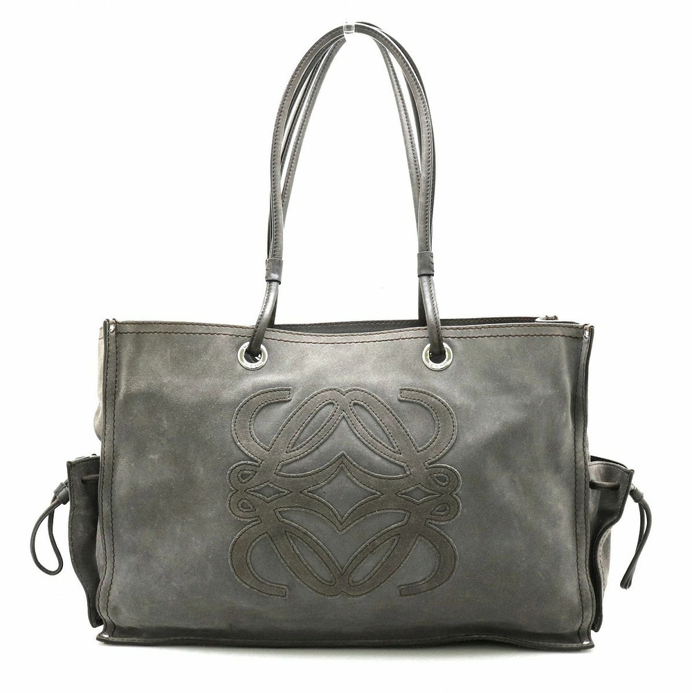 Loewe Anagram Shoulder Tote Bag Suede Leather Gray Brown